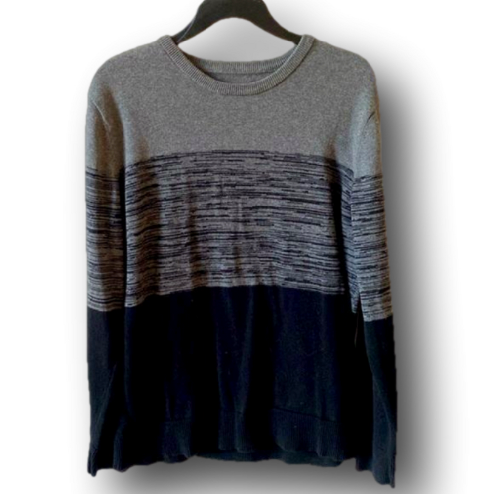 Mens Structure Slim Fit Gray & Black Color Block Sweater - Size Medium